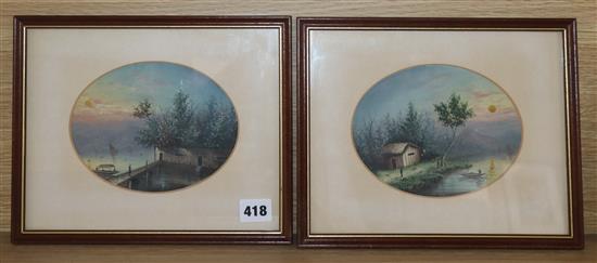 Late 19th century Anglo Chinese School, two oils on card, Waterside scenes, ovals, 13 x 16.5cm